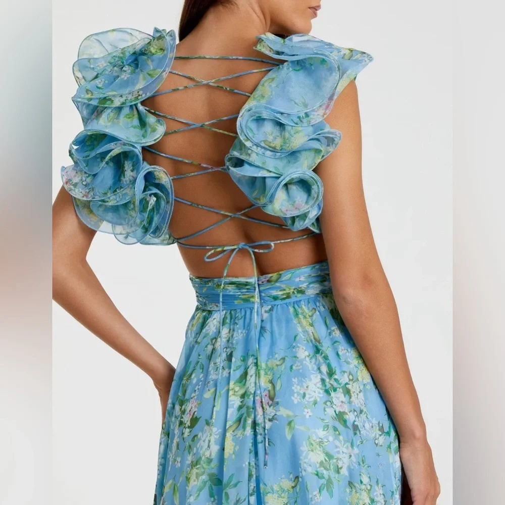 Mac Duggal 🩵 Blue Floral Ruffle Tiered Cut-Out Chiffon Gown – Size 8 NWT - Picture 7 of 16